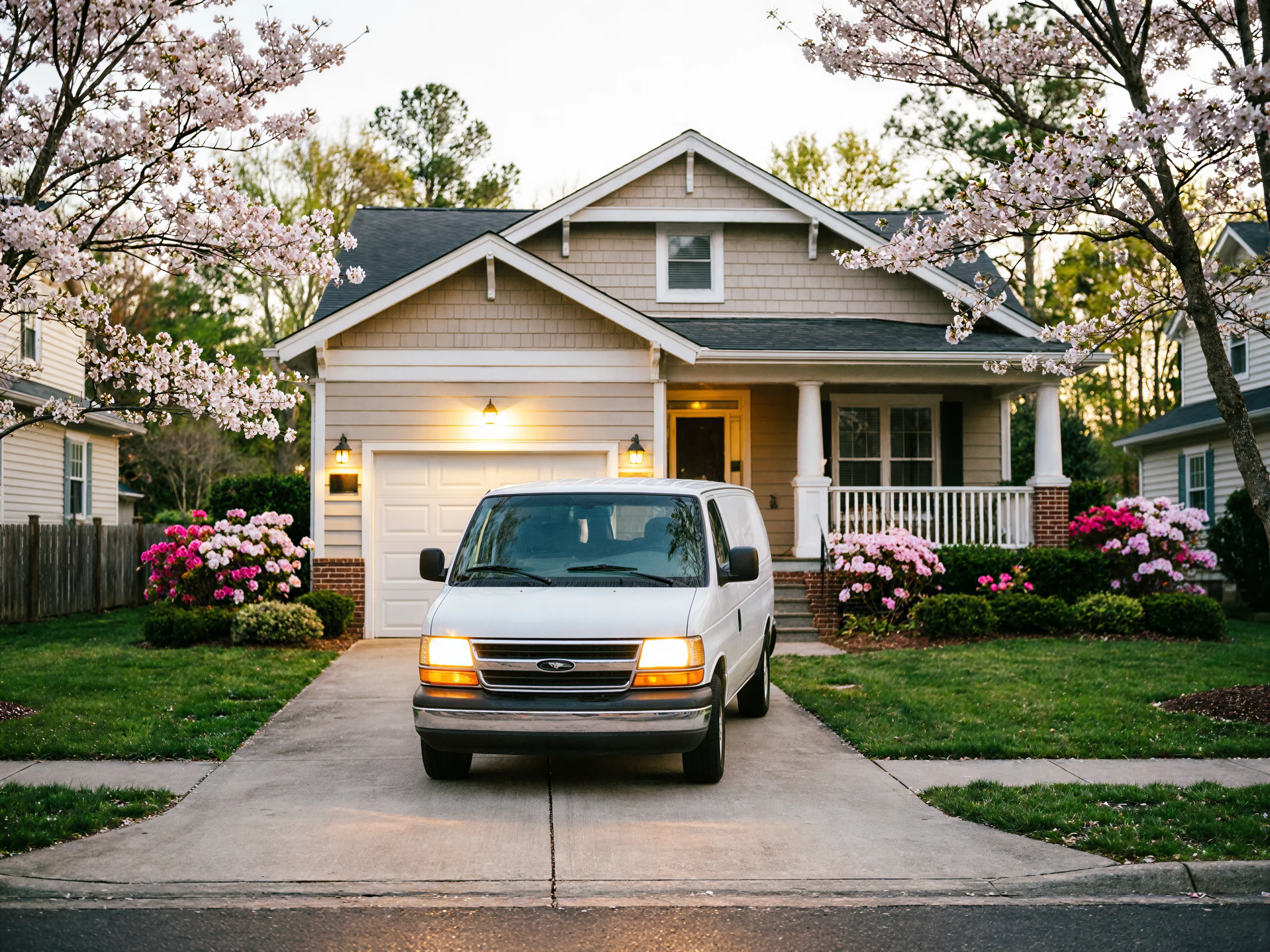 A white van is parked in the driveway of a house with a white garage door.