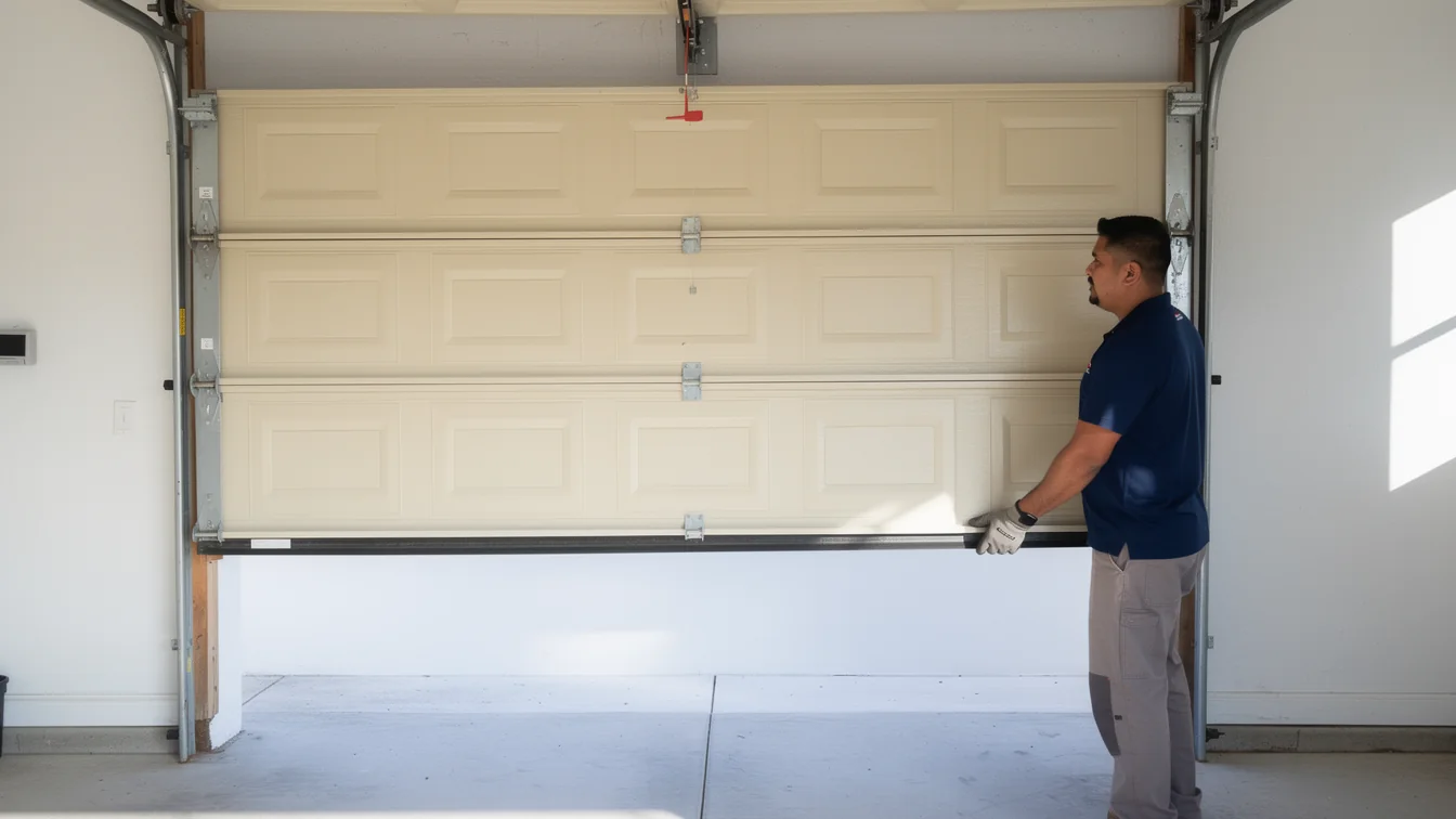 A technician in a blue shirt and gloves is lowering a beige garage door.
