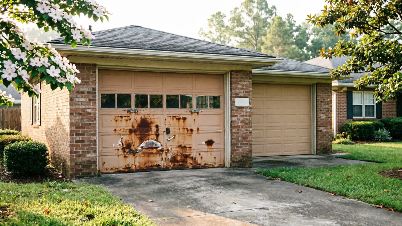 A rusty garage door with windows and a tan garage door on a brick house.