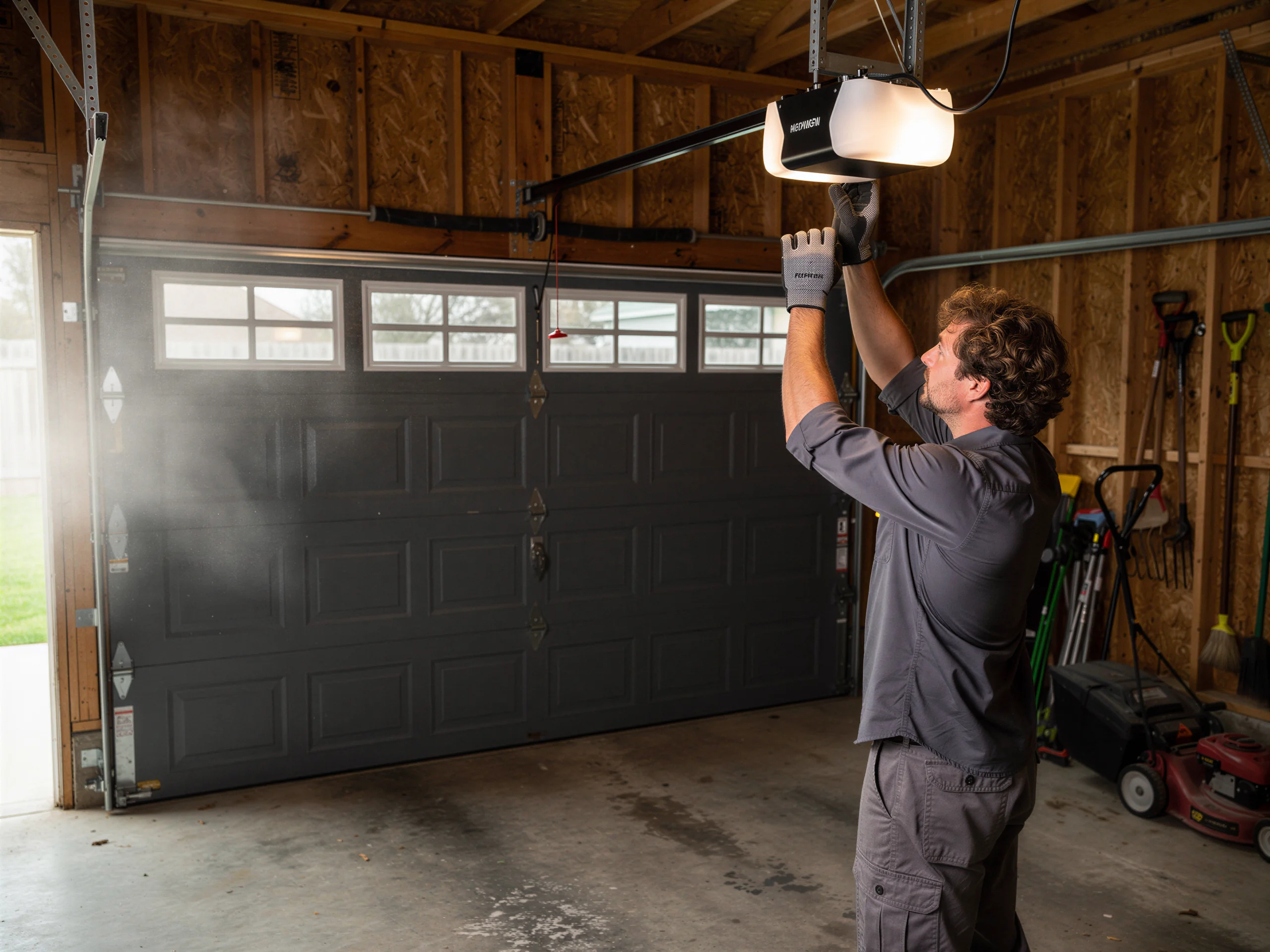 A technician adjusts a garage door opener above a dark gray garage door.