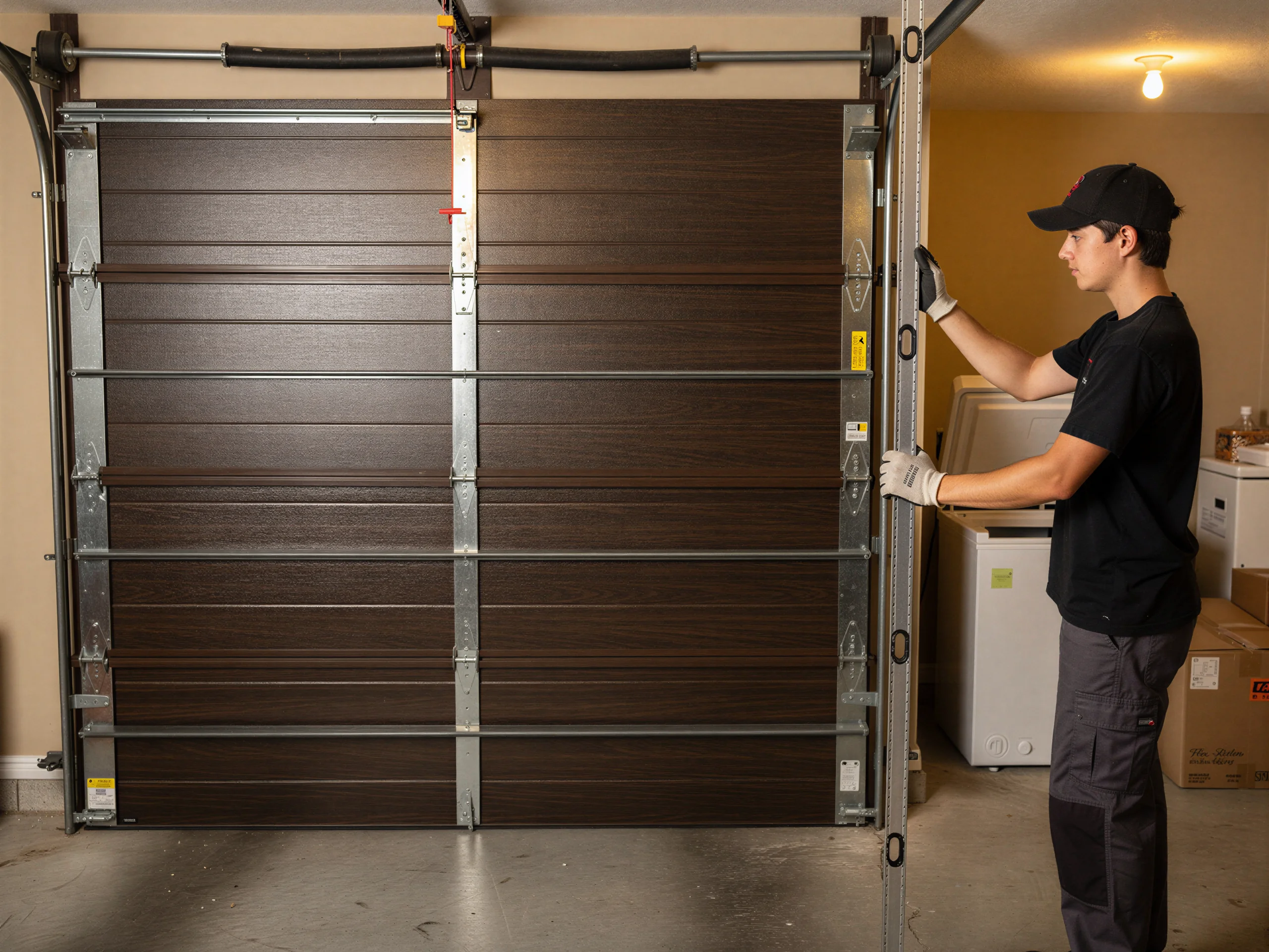 A technician in a black cap and gloves adjusts a brown garage door.