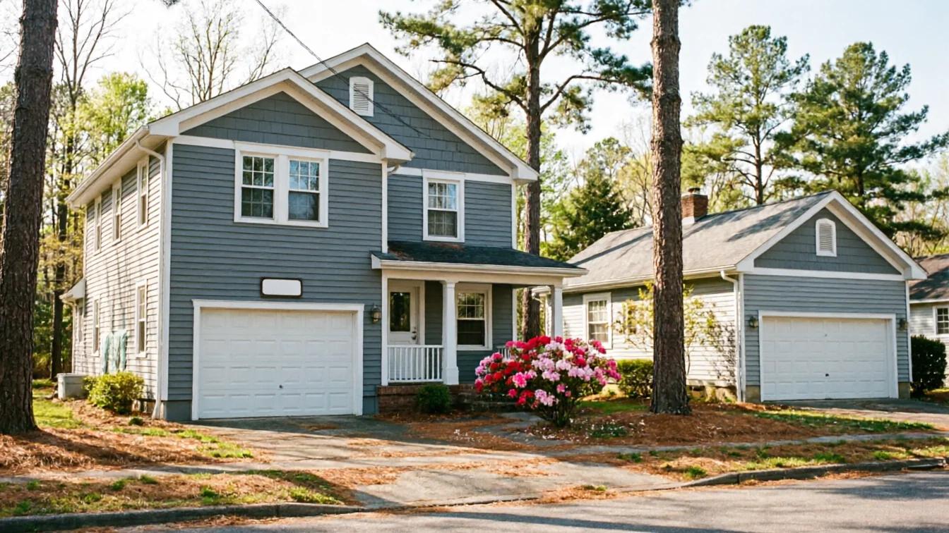 A two-story house and a detached garage with white garage doors.