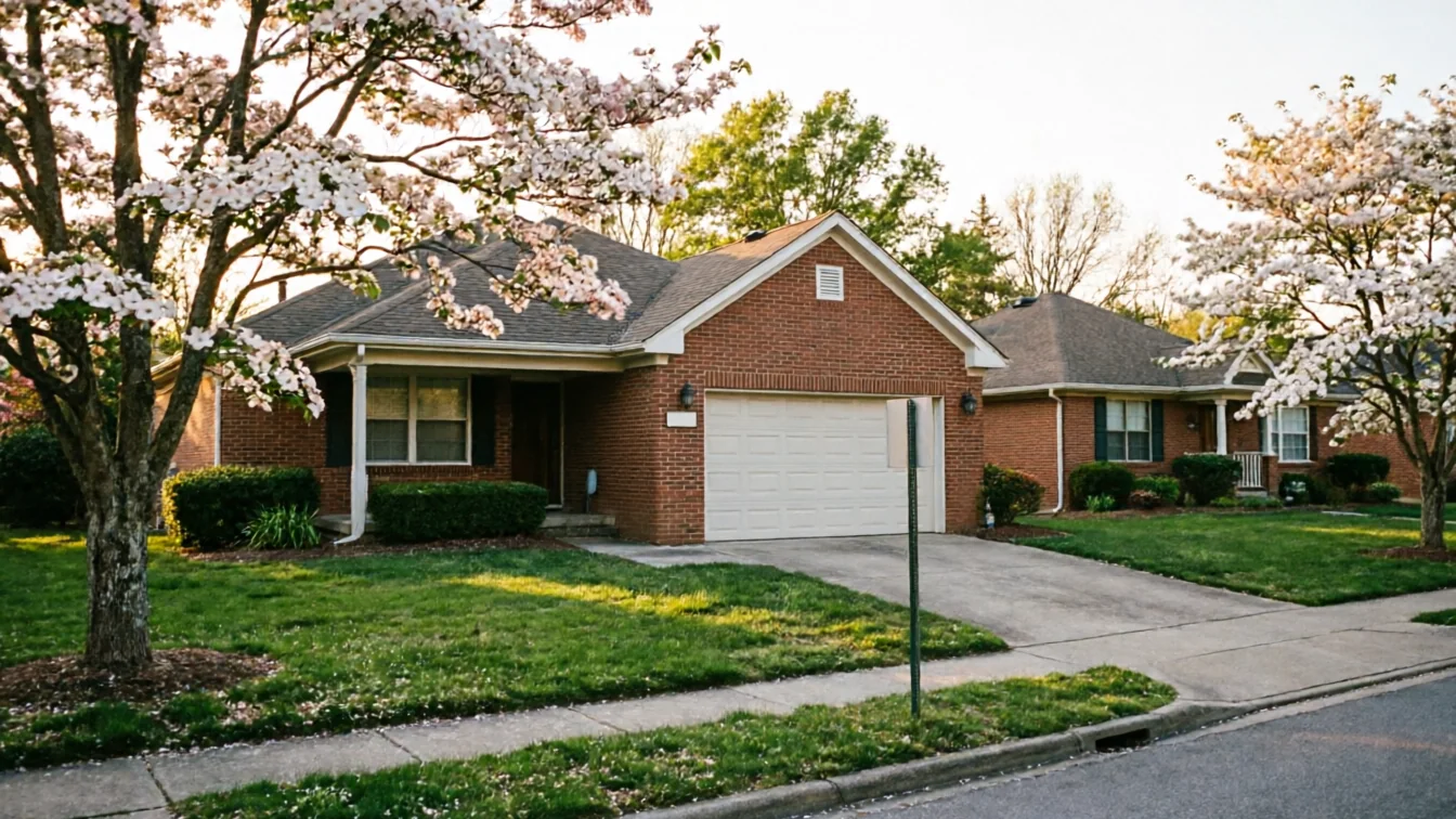 A brick house with a white garage door and blooming trees in the front yard.
