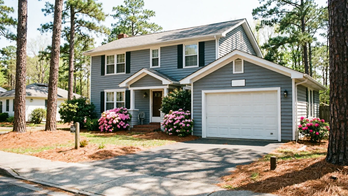 The house has gray siding, white trim, a white garage door, and pink flowering bushes.